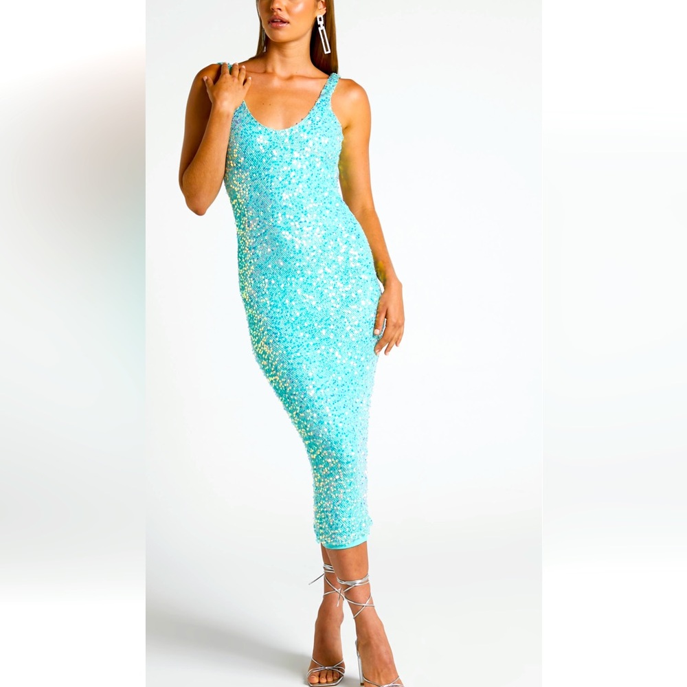 KAROLINA MIDI DRESS - SCOOP NECK DRESS IN AQUA SEQUIN